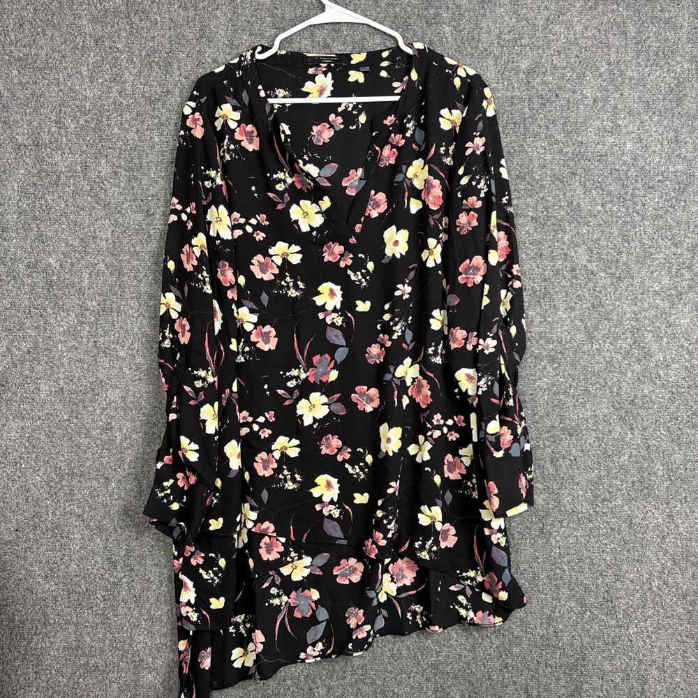 T Tahari Tunic Blouse Womens Size 1X Black Floral Ruffle Chiffon V-neck